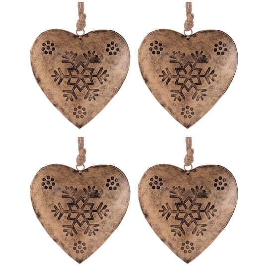 Melrose 9.25" Gold Snowflake Heart Rustic Ornaments, 4ct.